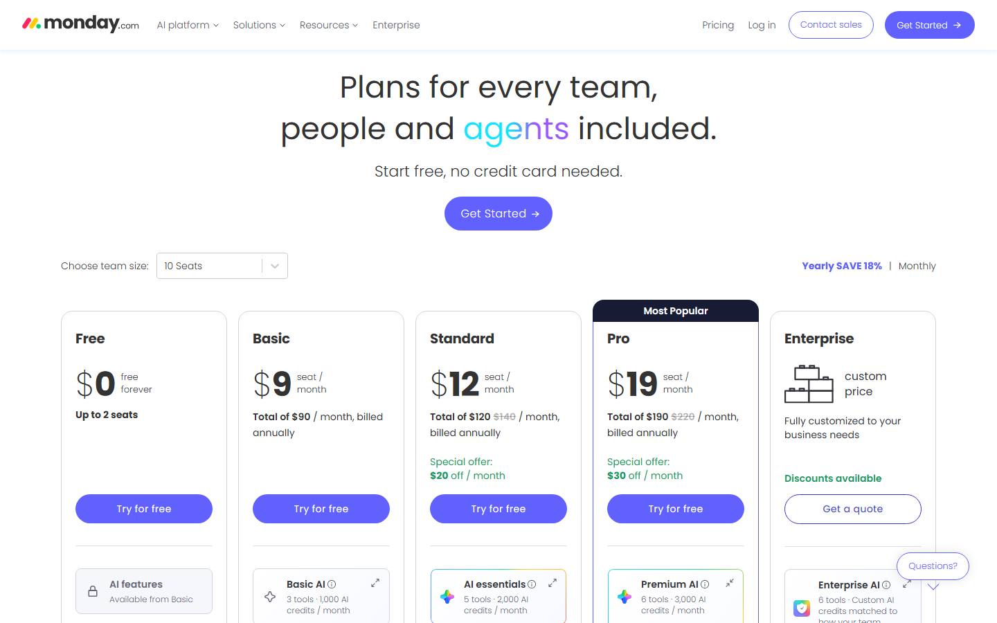 monday.com's work management pricing page for a 10-seat team in the yearly view on 27 October 2026, showing Free at $0 for up to 2 seats, Basic at $9 a seat, Standard at $12 and Pro at $19 under a special offer, and Enterprise at a custom price.