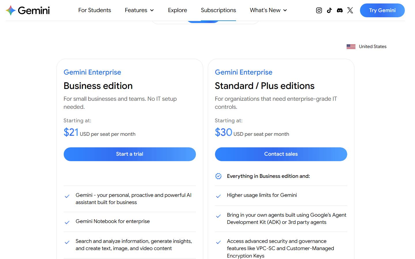 The Business tab of Google's US Gemini subscriptions page on 14 October 2026, showing Gemini Enterprise Business edition starting at $21 per seat per month with a Start a trial button, and the Standard and Plus editions starting at $30 per seat per month with a Contact sales button.