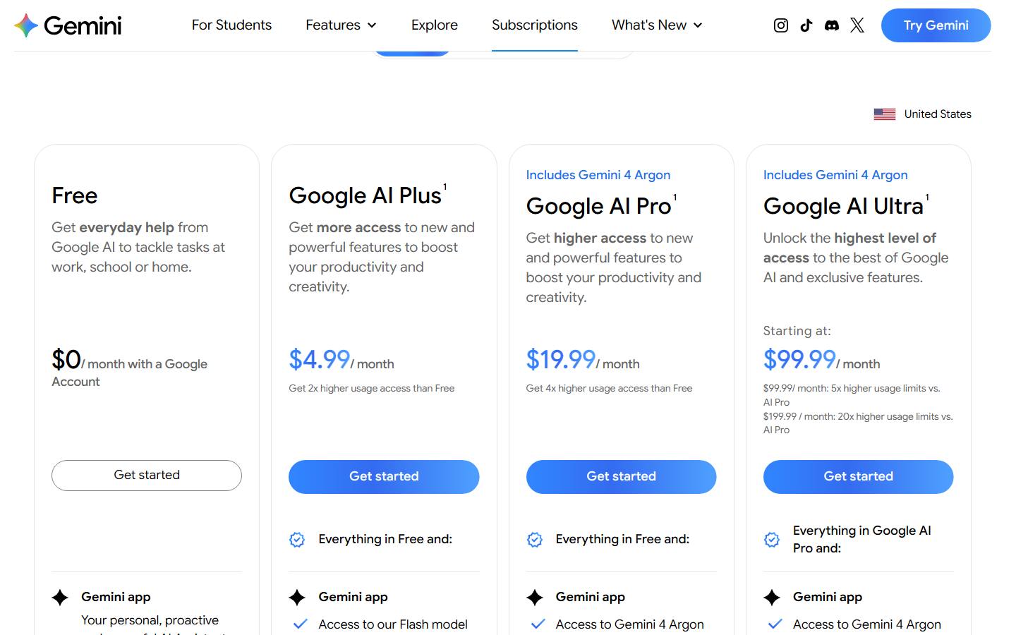 Google's US Gemini subscriptions page on 14 October 2026 with the region set to United States, showing Free at $0, Google AI Plus at $4.99 a month, Google AI Pro at $19.99 a month and Google AI Ultra from $99.99 a month for 5x AI Pro's limits or $199.99 for 20x, with Includes Gemini 4 Argon badges on the Pro and Ultra cards.