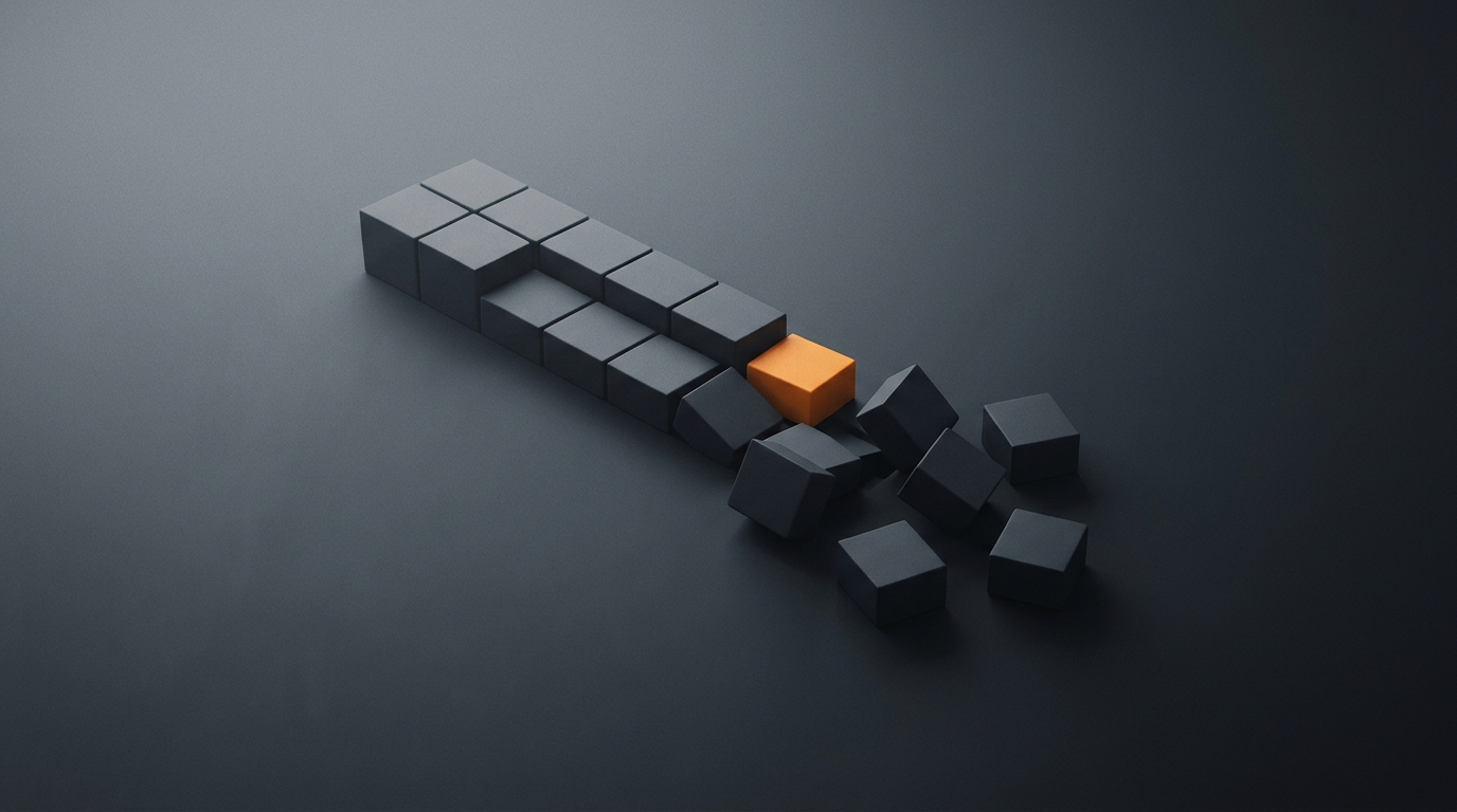 An orderly line of dark cubes that breaks apart into scattered cubes, with a single orange cube sitting at the point where the line ends