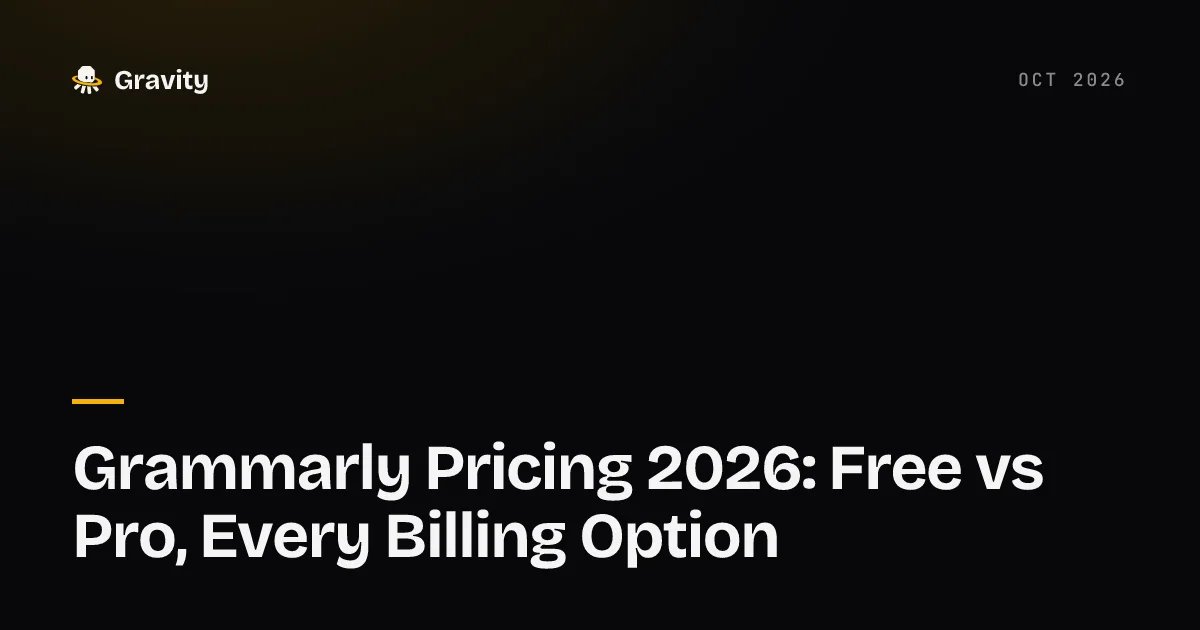 Typographic cover card reading Grammarly Pricing 2026: Free vs Pro, Every Billing Option on a dark background, with the Gravity wordmark.