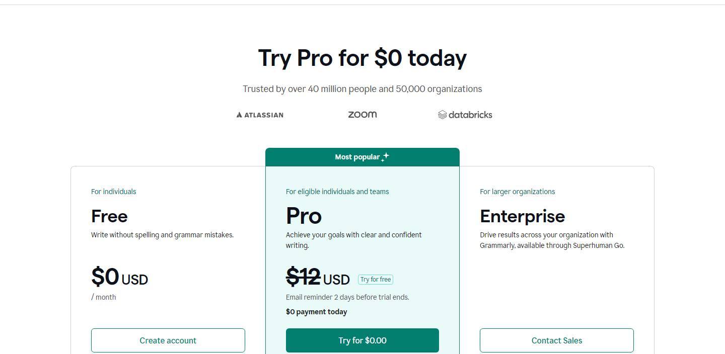 Grammarly's plans page on 30 October 2026 under the heading Try Pro for $0 today, showing Free at $0 a month, Pro with $12 struck through, a Try for free badge, an email reminder 2 days before the trial ends, $0 payment today and a Try for $0.00 button, and Enterprise with a Contact Sales button.
