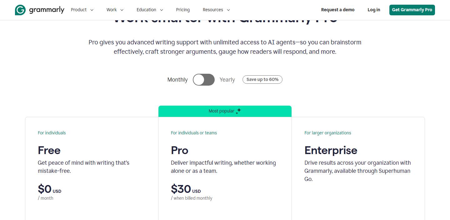Grammarly's Pro page with the billing switch flipped to Monthly, read 30 October 2026, showing Free at $0 a month, Pro at $30 a member when billed monthly, and the Enterprise card.