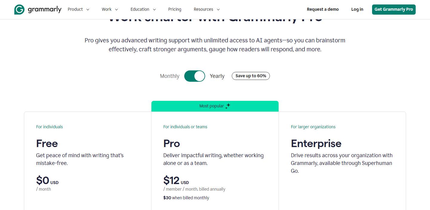 Grammarly's Pro page in its default yearly view, read 30 October 2026, showing the billing switch set to Yearly with a Save up to 60% badge, Free at $0 a month, Pro at $12 a member a month billed annually with $30 when billed monthly in small type beneath it, and Enterprise available through Superhuman Go.