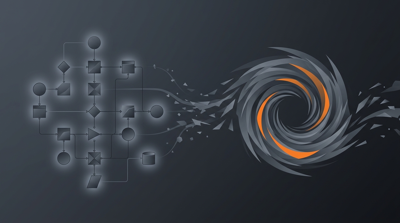 A complex Make scenario with many branching nodes on one side, a simple agent prompt on the other, representing Make versus Gravity
