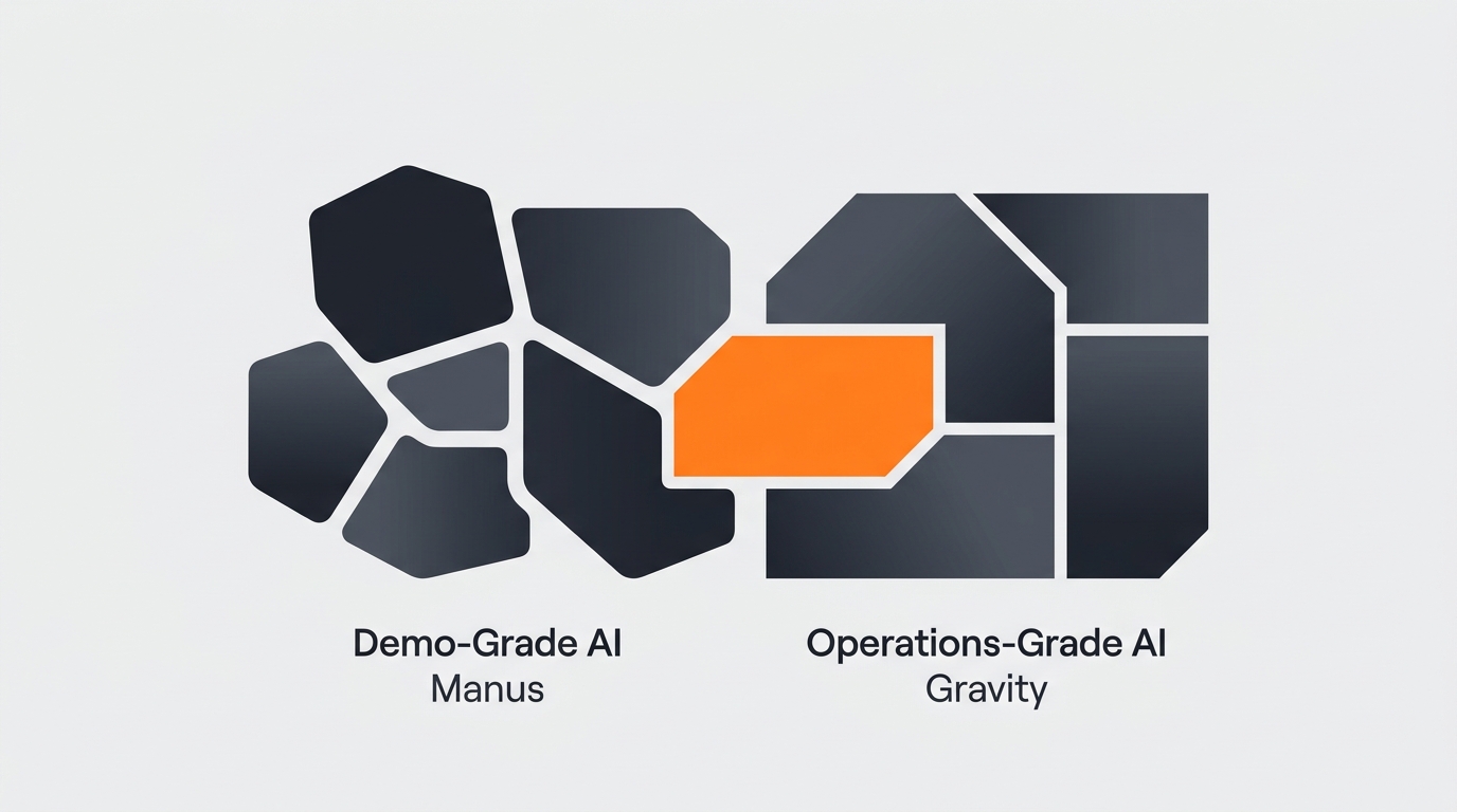 Split-screen showing a Manus viral demo on one side and a Gravity ops dashboard with 30 days of green runs on the other