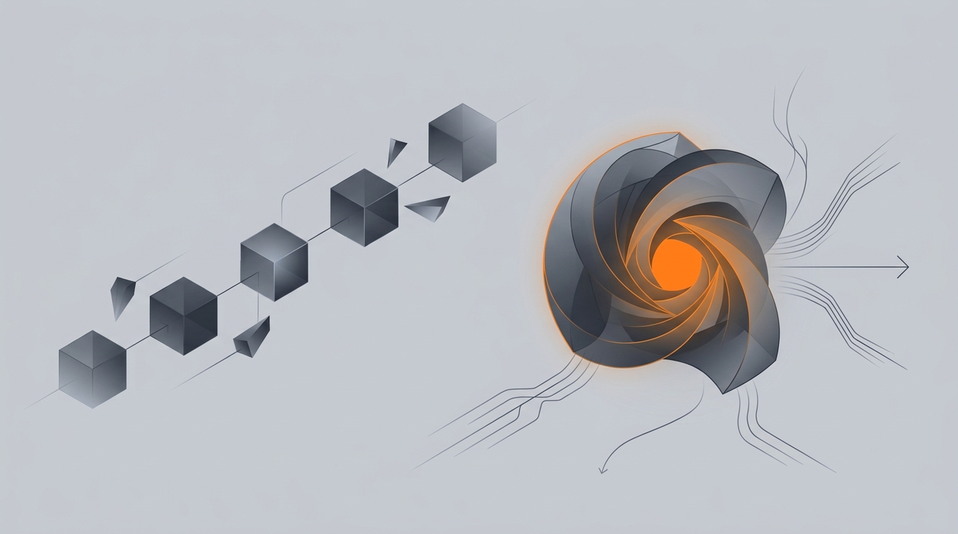 A rigid recipe chain on one side breaking when a step changes, an autonomous agent on the other side adapting, representing Zapier versus Gravity