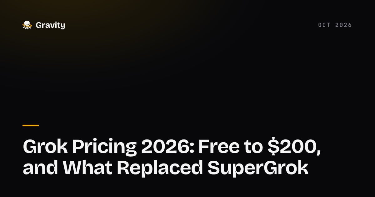 Typographic cover card reading Grok Pricing 2026: Free to $200, and What Replaced SuperGrok on a dark background, with the Gravity wordmark and Oct 2026 at the top.