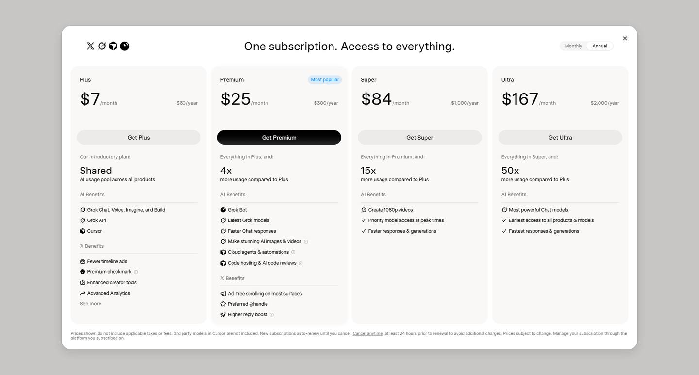 grok.com/plans with Annual billing selected, read 22 October 2026, showing Plus at $80 a year, Premium at $300, Super at $1,000 and Ultra at $2,000, each card with a per-month figure.
