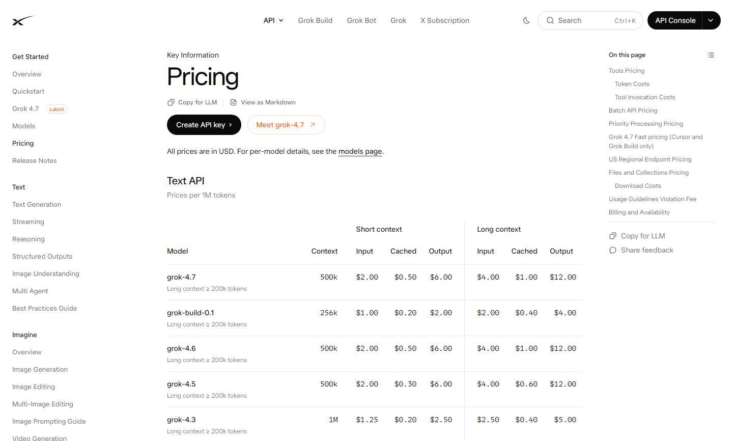 xAI's API pricing page, read 22 October 2026, showing a text model table in US dollars per million tokens for grok-4.7, grok-build-0.1, grok-4.6, grok-4.5 and grok-4.3, with short- and long-context rates.