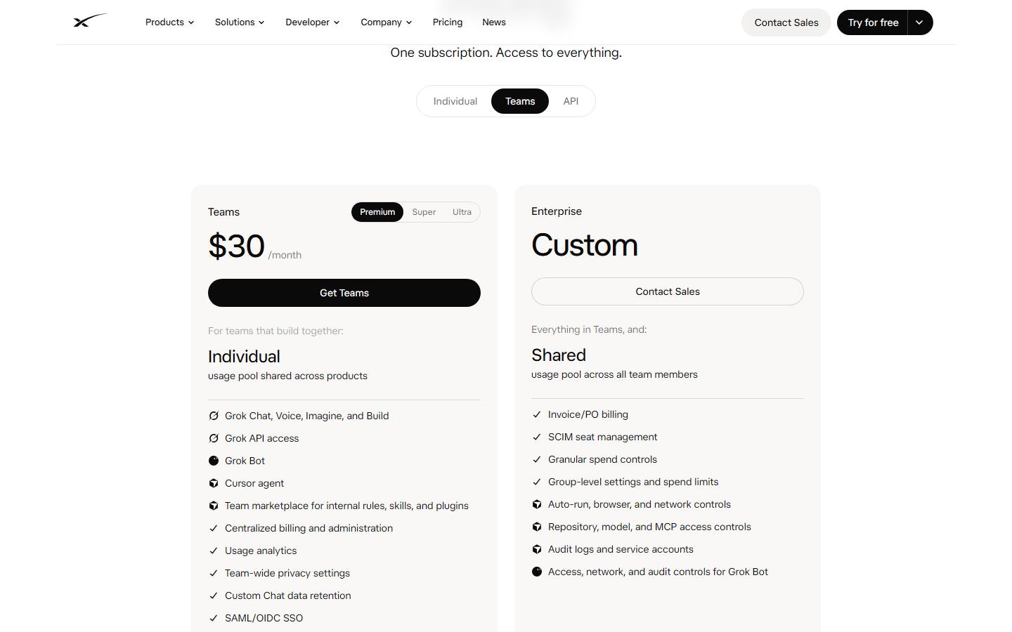 xAI's pricing page, Teams tab, read 22 October 2026, showing the Teams card with a Premium seat at $30 a month and its feature list, beside an Enterprise card priced as Custom.