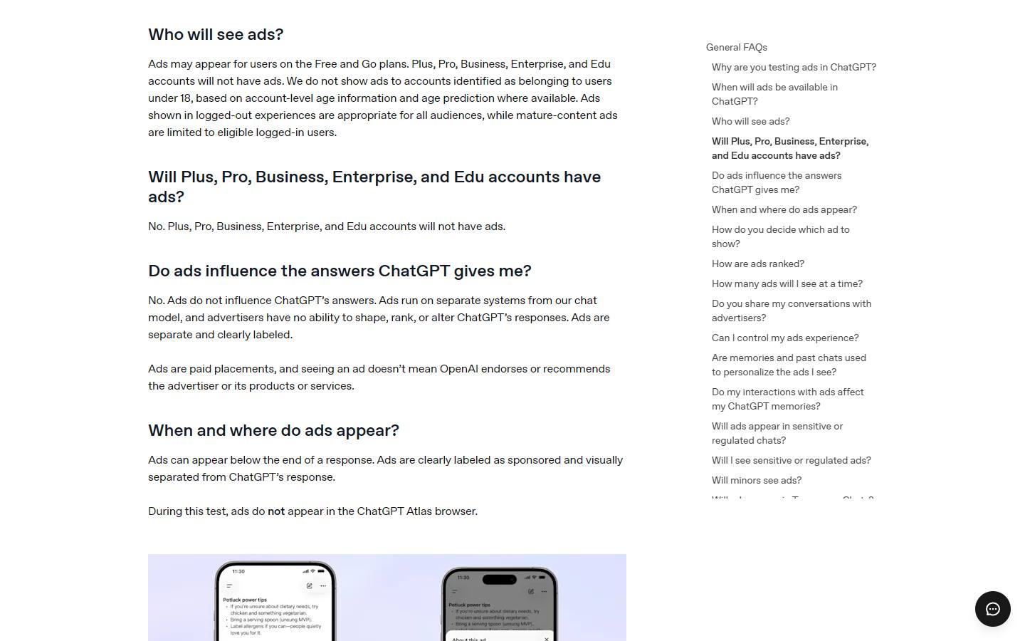 OpenAI's help article on ads in ChatGPT, captured 13 October 2026, saying ads may appear for the Free and Go plans and answering No to whether Plus, Pro, Business, Enterprise and Edu accounts will have ads.