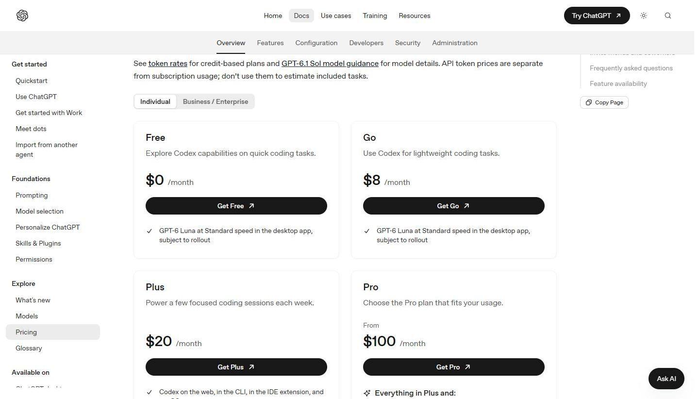 OpenAI's ChatGPT pricing docs page, captured 13 October 2026, showing the Free plan at $0 a month, Go at $8 a month, Plus at $20 a month and the top of the Pro card from $100 a month.