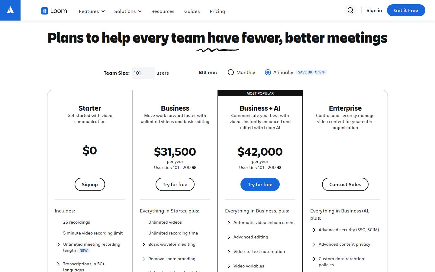 Loom's pricing calculator on atlassian.com with 101 users and annual billing selected, read 27 October 2026, showing Business at $31,500 per year and Business + AI at $42,000 per year, both labelled with the 101 to 200 user tier.