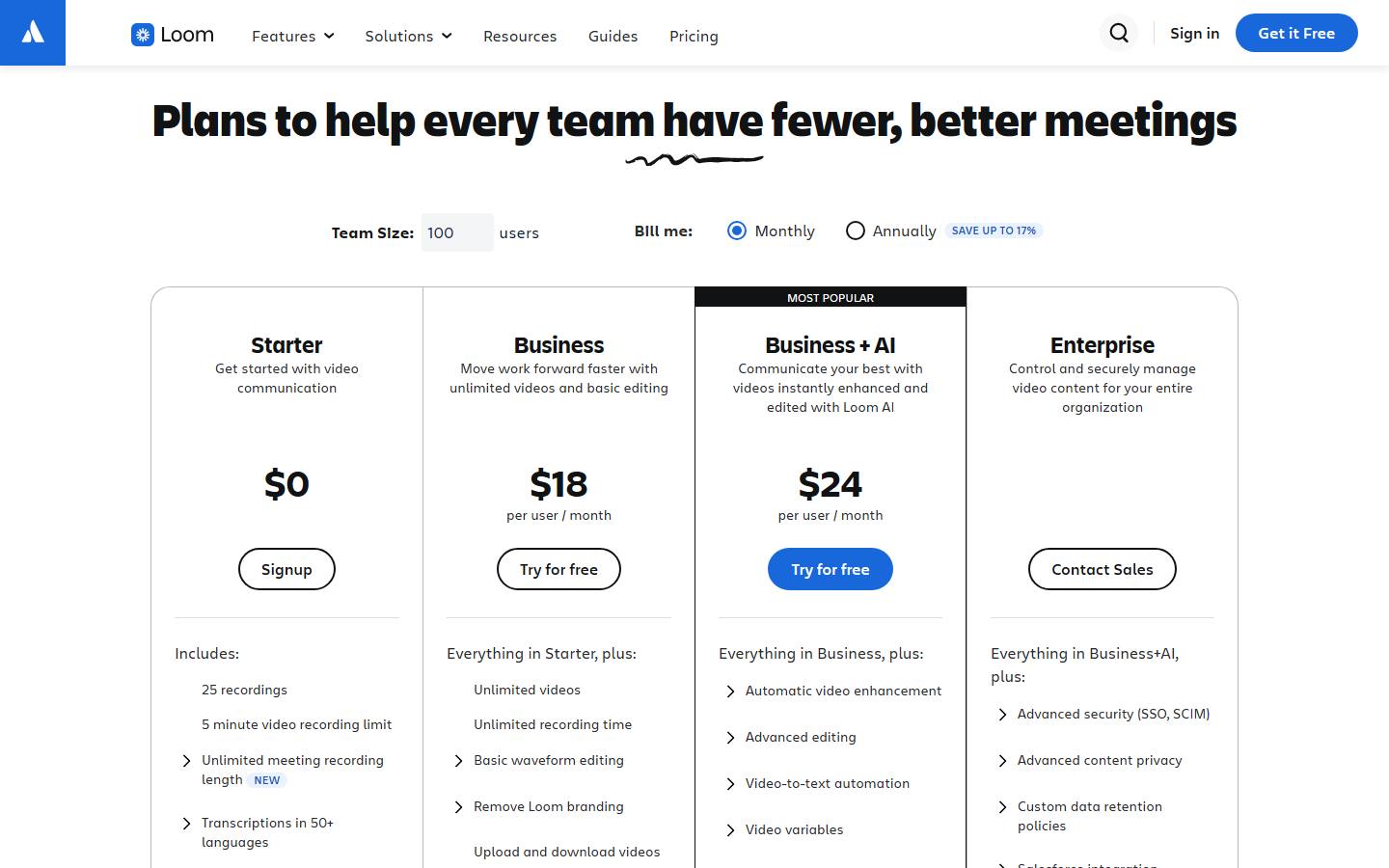 Loom's pricing page on atlassian.com, read 27 October 2026, with a team size of 100 and monthly billing selected, showing Starter at $0 with 25 recordings and a five-minute recording limit, Business at $18 and Business + AI at $24 per user a month with Business + AI marked Most popular, and Enterprise with a Contact Sales button.