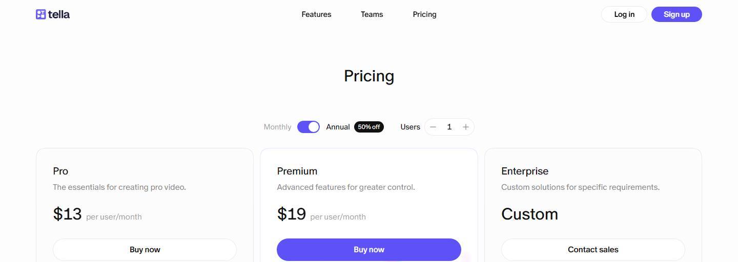 Tella's pricing page with the annual switch on and a 50% off badge, read 27 October 2026, showing Pro at $13 and Premium at $19 per user a month for one user, and Enterprise at Custom.