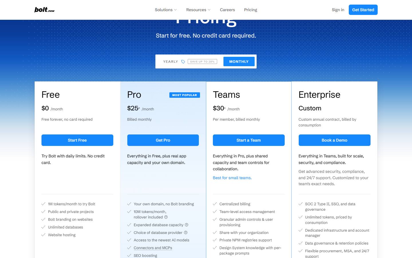Bolt's pricing page on monthly billing, read 24 October 2026, showing a Free plan at $0, Pro at $25 a month billed monthly, Teams at $30 per member billed monthly and Enterprise at Custom.