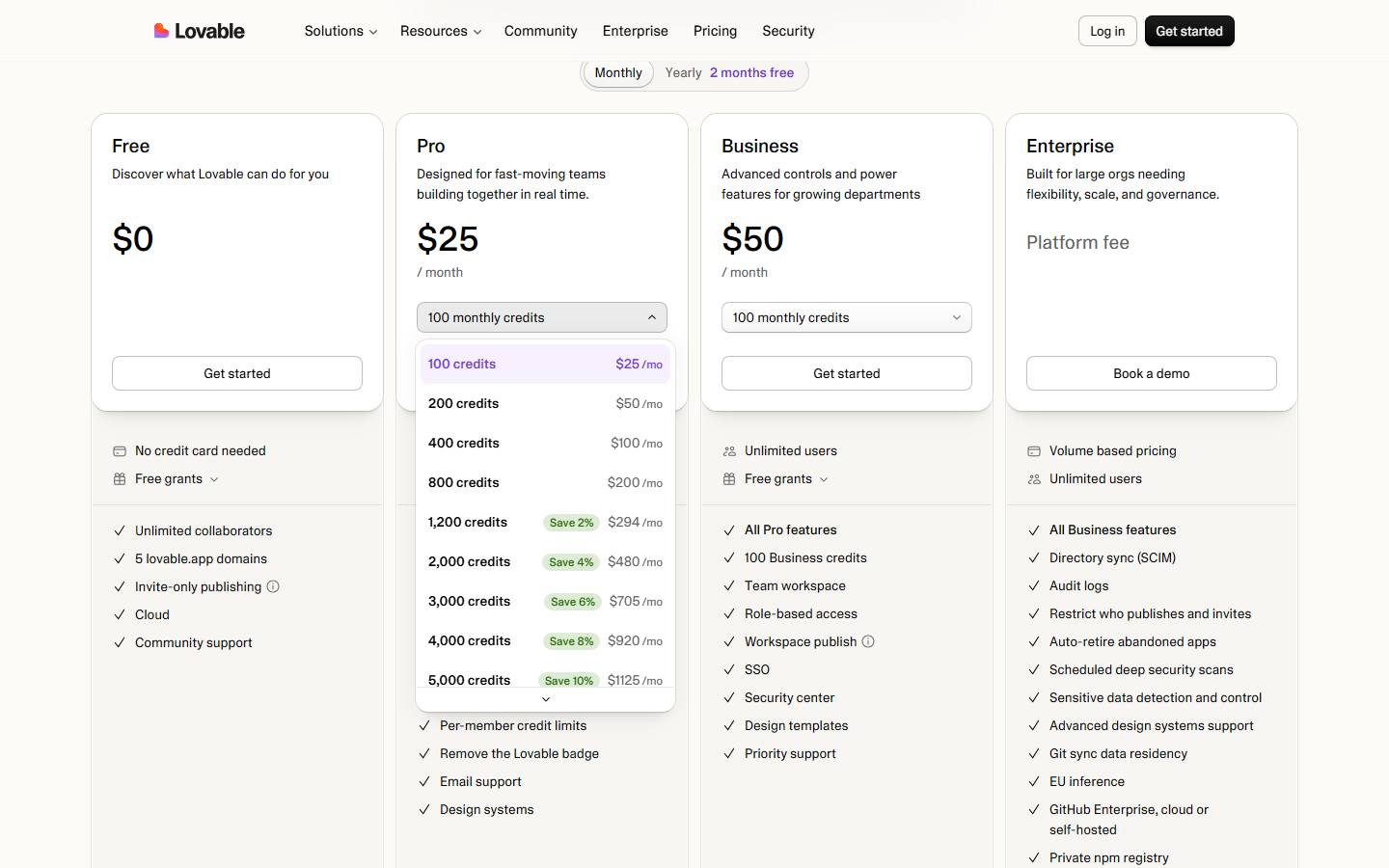 Lovable's pricing page with the Pro credit dropdown open on monthly billing, read 24 October 2026, listing 100 credits at $25 a month up to 5,000 credits at $1,125 a month, with green Save badges from 2% to 10% on the larger tiers.