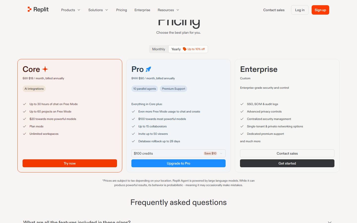 Replit's pricing page on its default yearly view, read 24 October 2026, showing Core struck through from $20 to $18 a month and Pro struck through from $100 to $90 a month, billed annually, with Enterprise at Custom.