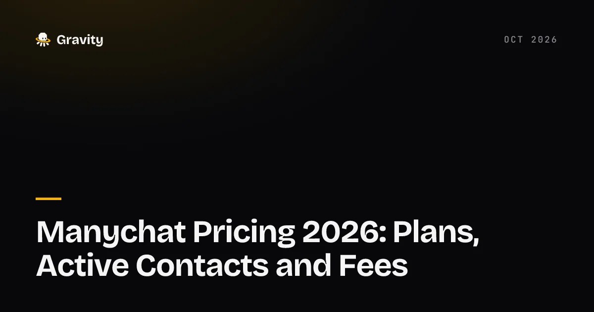 Typographic cover card reading Manychat Pricing 2026: Plans, Active Contacts and Fees on a dark background, with the Gravity wordmark.