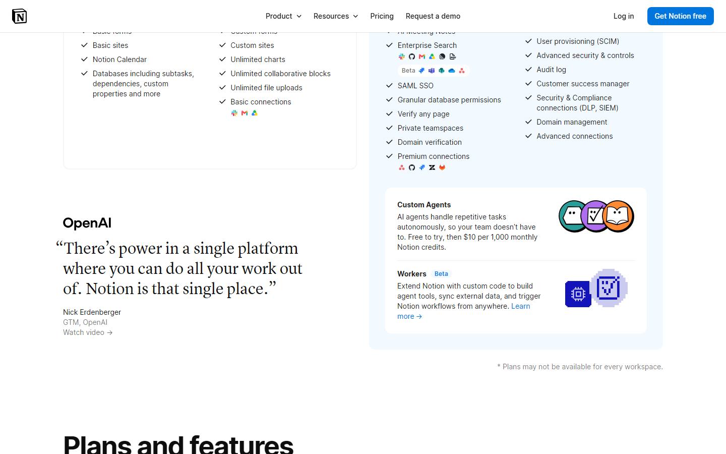 The Custom Agents strip on Notion's pricing page, read 14 October 2026, saying agents are free to try, then $10 per 1,000 monthly Notion credits, next to the Workers beta strip.