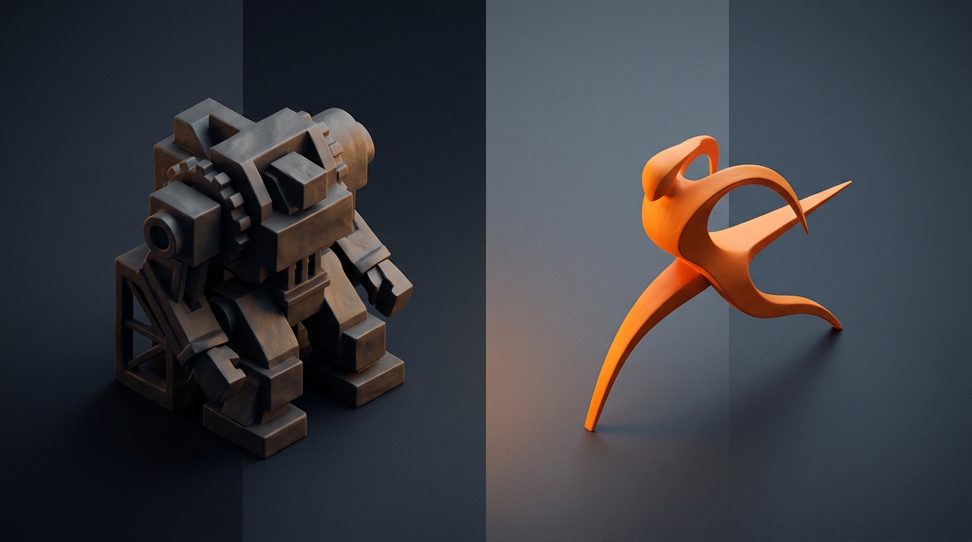 A visual agent-building canvas breaking apart into lines of exported code, illustrating that OpenAI's Agent Builder export produces Agents SDK source rather than a rebuildable workflow