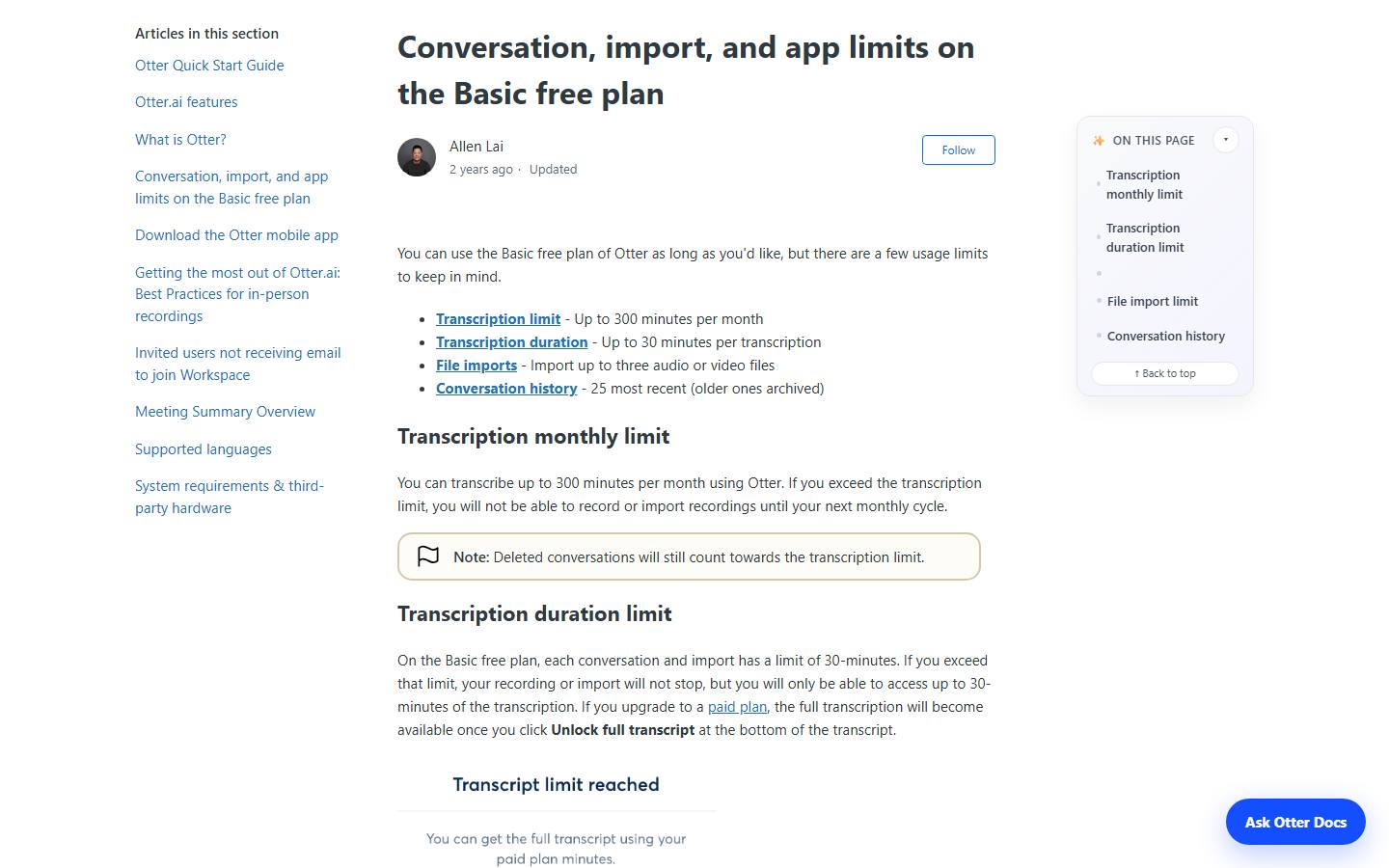 Otter's help center article on conversation, import and app limits on the Basic free plan, read 23 October 2026, listing 300 minutes a month, 30 minutes per transcription, three imports and the 25 most recent conversations, with a note that deleted conversations still count toward the limit.