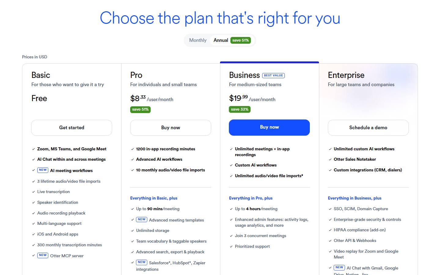 Otter's pricing page in its default annual view, read 23 October 2026, showing Basic as free, Pro at $8.33 per user per month marked save 51%, Business at $19.99 per user per month marked save 33%, and Enterprise with a Schedule a demo button.