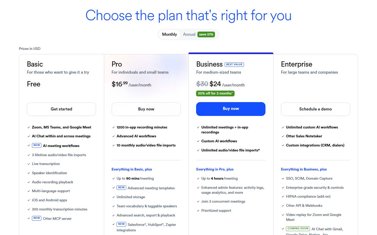 Otter's pricing page with monthly billing selected, read 23 October 2026, showing Pro at $16.99 per user per month and Business with $30 struck through beside $24 under a 20% off for 3 months offer tag.