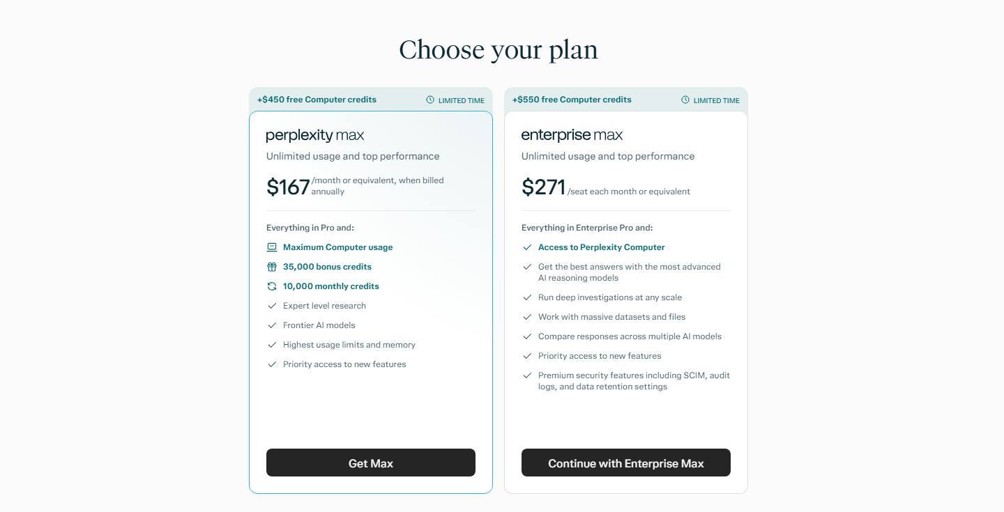 Perplexity's Max page, captured 16 October 2026, showing the Choose your plan cards: Max at $167 a month or equivalent when billed annually and Enterprise Max at $271 a seat each month or equivalent, each card carrying a limited-time promotional badge for free Computer credits.