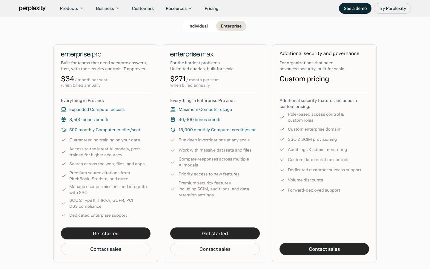 Perplexity's pricing page, Enterprise tab, captured 16 October 2026, showing Enterprise Pro at $34 a month per seat and Enterprise Max at $271 a month per seat, both when billed annually, beside a third card reading Custom pricing.