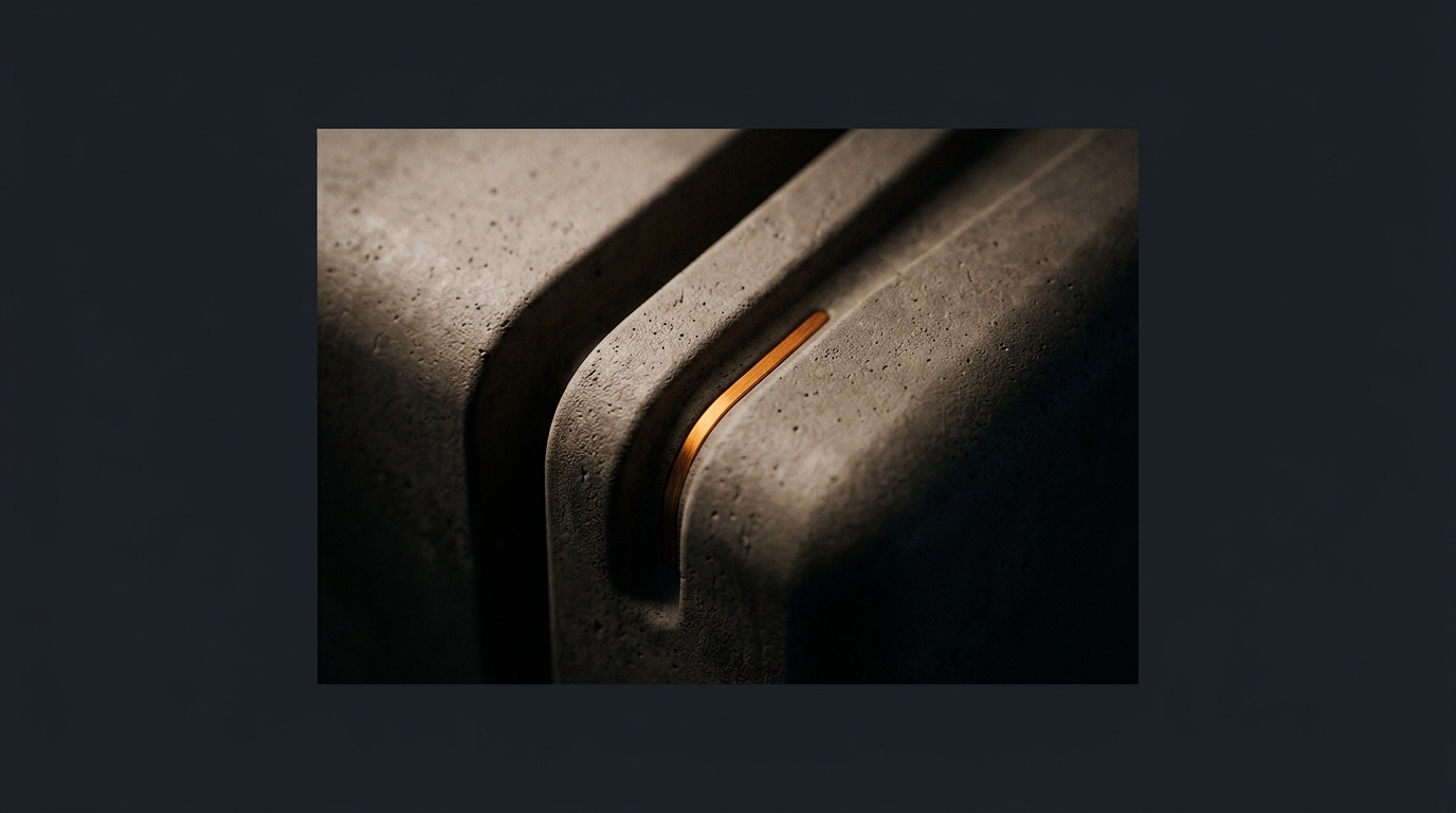 Two concrete forms separated by a narrow channel, with a warm amber light running along the seam between them.