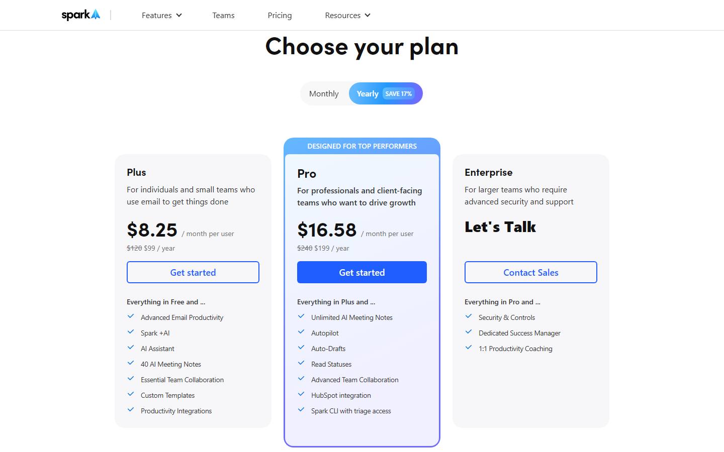 Spark's pricing page in its default yearly view with a Save 17% badge, read 24 October 2026, showing Plus at $8.25 a month per user billed as $99 a year, Pro at $16.58 billed as $199 a year, and Enterprise with a Let's Talk button.