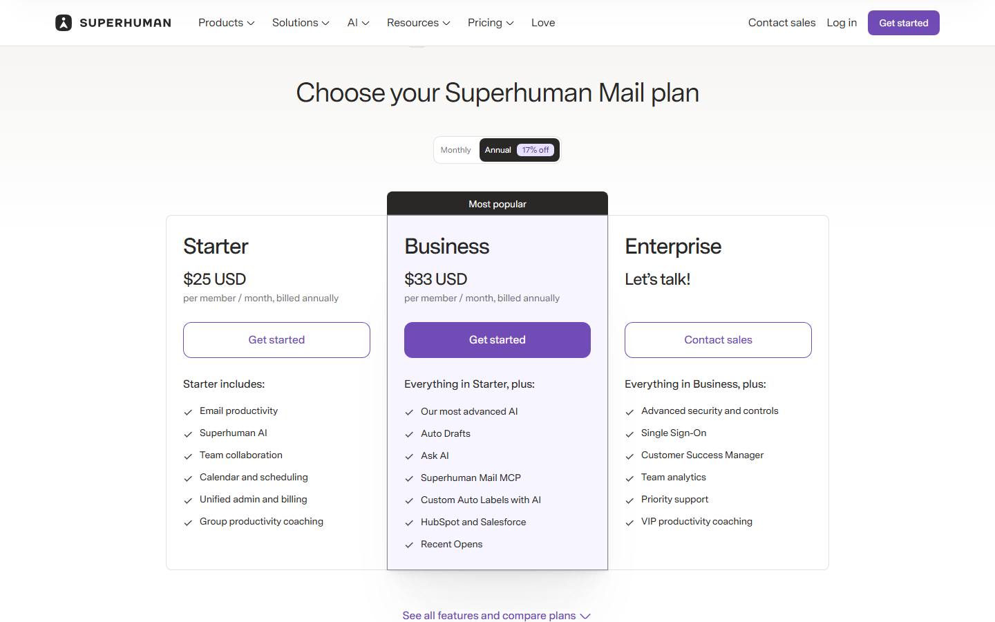 Superhuman Mail's plan page in its default annual view with a 17% off badge, read 24 October 2026, showing Starter at $25 per member a month billed annually, Business at $33 marked Most popular, and Enterprise with a Let's talk button, each above its feature list.