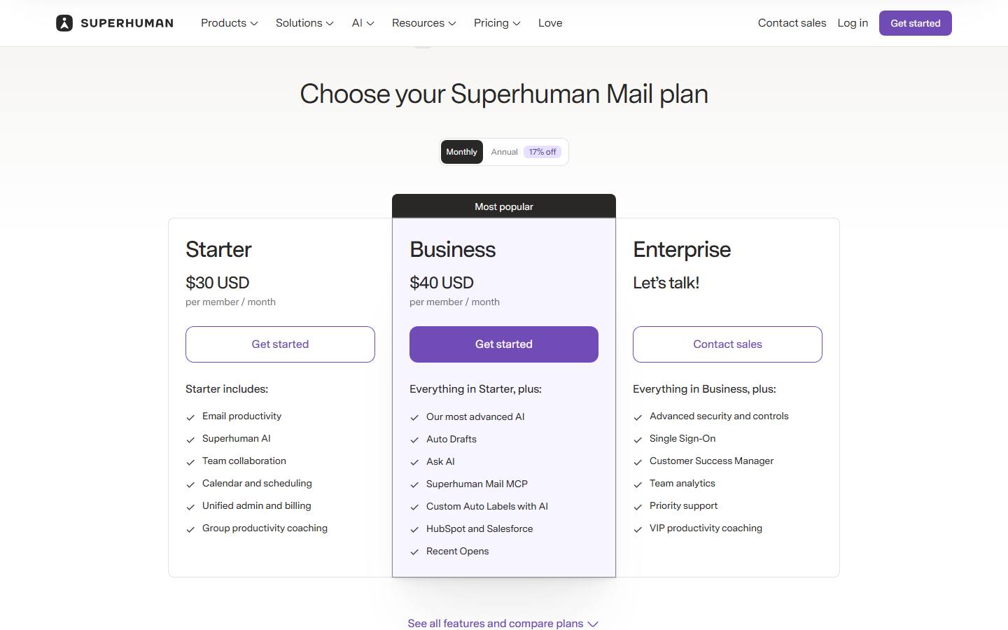 Superhuman Mail's plan page with the Monthly tab selected, read 24 October 2026, showing Starter at $30 and Business at $40 per member a month.