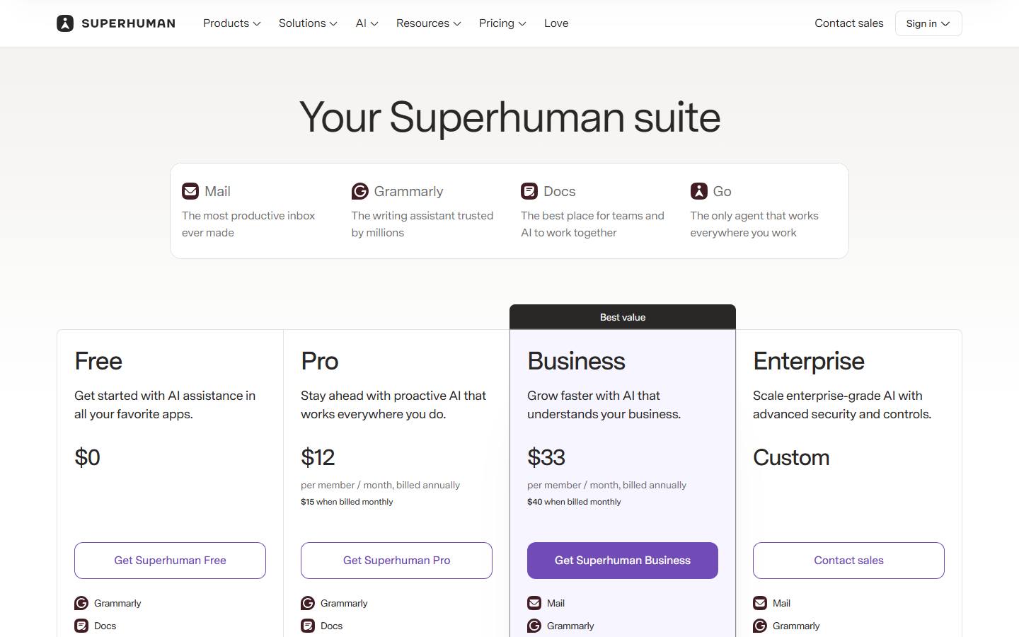 Superhuman's suite pricing page with US prices, read 24 October 2026, showing Free at $0, Pro at $12 per member a month billed annually or $15 billed monthly, Business at $33 or $40 billed monthly with a Best value badge, and Enterprise at Custom, under tiles for Mail, Grammarly, Docs and Go.