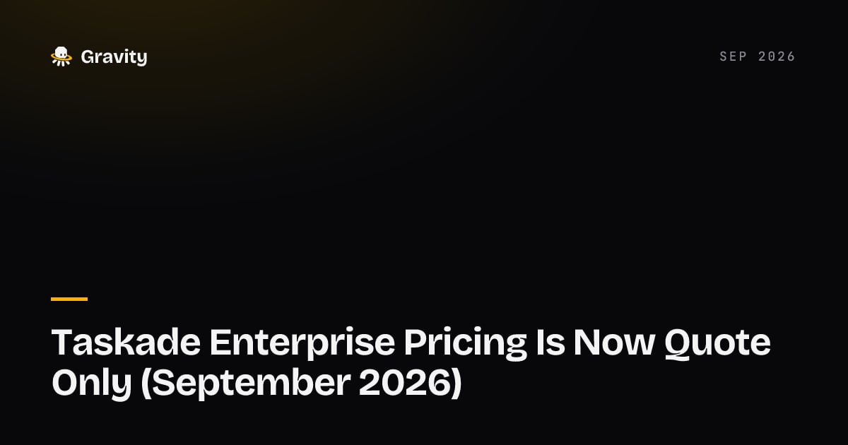 Cover card: Taskade Enterprise pricing is now quote only, September 2026, Gravity blog