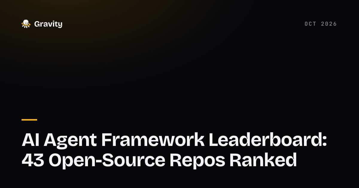 Typographic cover card reading AI Agent Framework Leaderboard: 43 Open-Source Repos Ranked