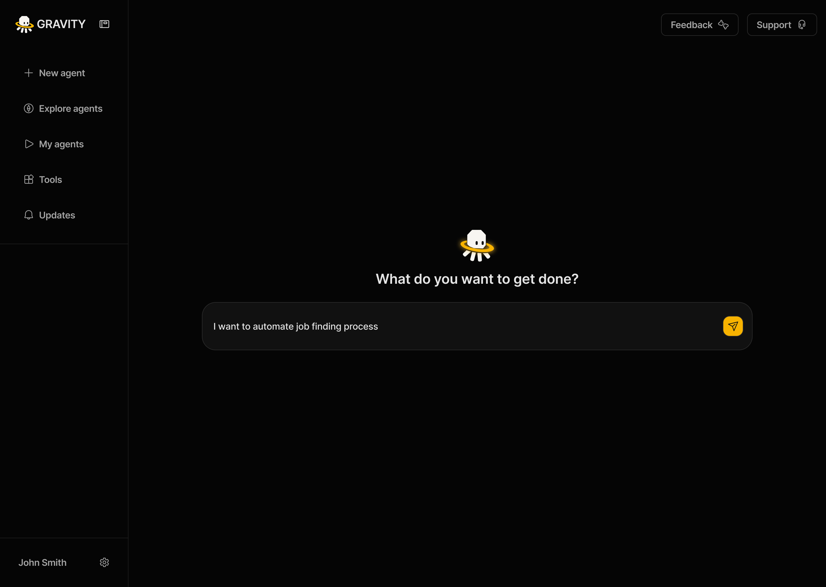 The Gravity app showing a plain-language prompt box where you describe the task you want an agent to run, instead of building a workflow